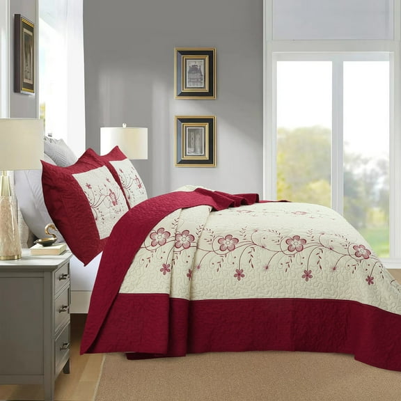 3-Piece Queen Size Embroidery Quilt Set – Lightweight Burgundy/Red Bedspread Set for Cozy Comfort 563/520