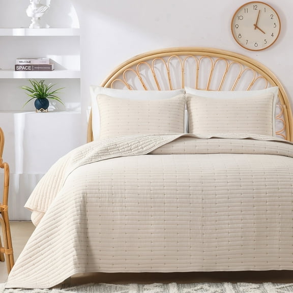 3-Piece Queen Size Quilt Set, GREAGLE Soft Lightweight Quilt for Queen Bed, Wabi Sabi Style Alternative Down Cotton Warmer Comforter /Bedspread /Bedding Set with Pillow Shams, 90 x 90 inch, Beige