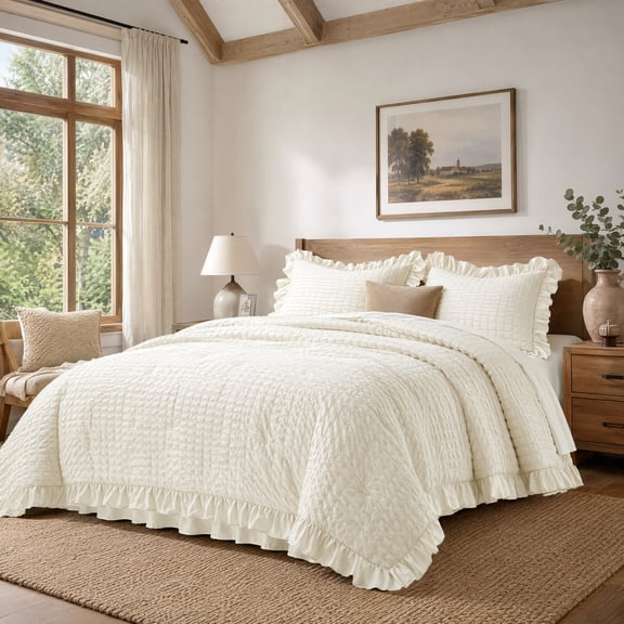 3-Piece Queen Size Seersucker Comforter Set, Lightweight & Fluffy All Season Bedding with Ruffle Comforter and 2 Ruffle Pillow Shams, Ivory