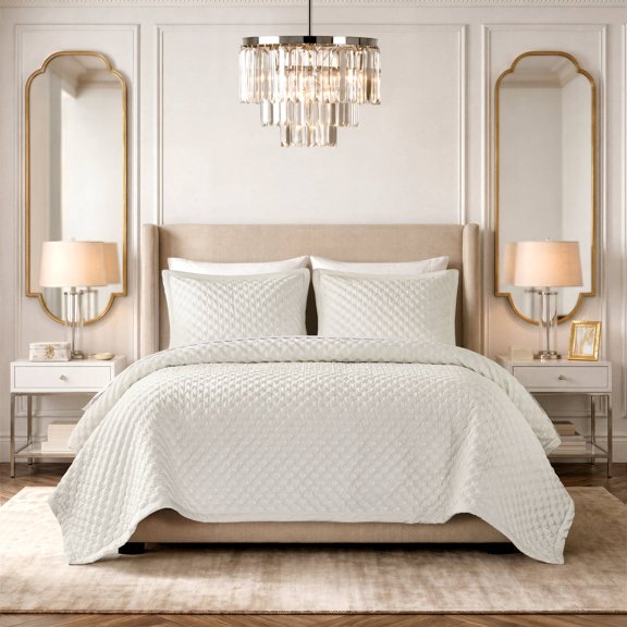 3-Piece Queen Velvet Coverlet Mini Set, White