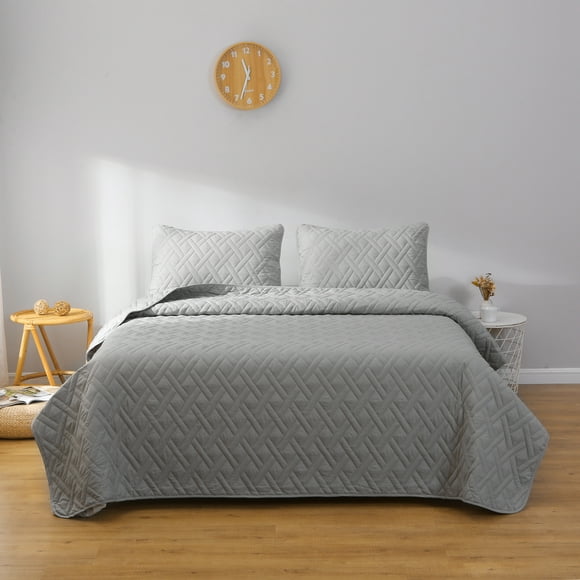 3-Piece Quilt Queen Bedspread Plaid Bedding Microfiber Bedspread Coverlet Set,Gray