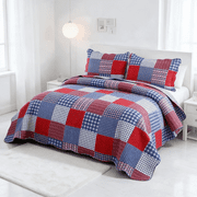 Smuge 3 Piece King Size Reversible Check Plaid Patchwork Quilt Set, Lightweight Soft Microfiber Coverlet Bedspread,Red Blue Check