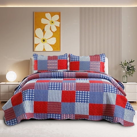 Smuge 3 Piece King Size Reversible Check Patchwork Quilt Set, Red Blue Check Microfiber Coverlet, Lightweight All Season Bedding Set