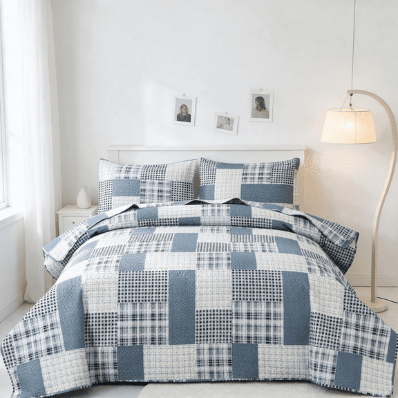 Smuge 3 Piece King Size Reversible Check Plaid Patchwork Quilt Set, Lightweight Soft Microfiber Coverlet Bedspread,Grey Blue