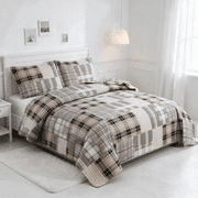 Smuge 3 Piece Full/Queen Size Reversible Check Plaid Patchwork Quilt Set, Lightweight Soft Microfiber Coverlet Bedspread,Grey Beige