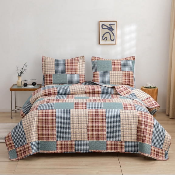 Smuge 3 Piece Full/Queen Reversible Tartan Patchwork Quilt Set, Rust Teal Tartan Microfiber Coverlet, Lightweight All Season Bedspread Bedding Set