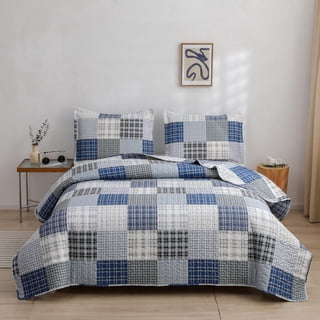 Smuge 3 Piece Full/Queen Reversible Plaid Patchwork Quilt Set, Navy Blue & Grey Plaid Microfiber Bedspread, Lightweight All Season Coverlet