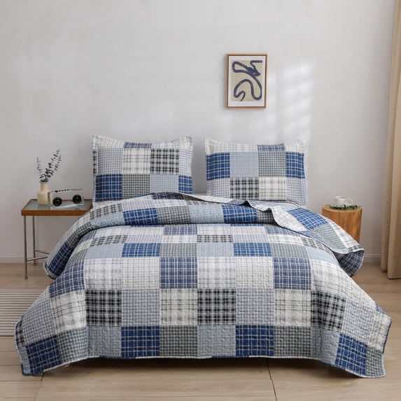 Smuge 3 Piece Full/Queen Reversible Plaid Patchwork Quilt Set, Navy Blue & Grey Plaid Microfiber Bedspread, Lightweight All Season Coverlet