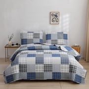 Smuge 3 Piece Full/Queen Reversible Plaid Patchwork Quilt Set, Navy Blue & Grey Plaid Microfiber Bedspread, Lightweight All Season Coverlet