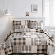 Smuge 3 Piece Full/Queen Size Reversible Check Plaid Patchwork Quilt Set, Lightweight Soft Microfiber Coverlet Bedspread,Grey Beige