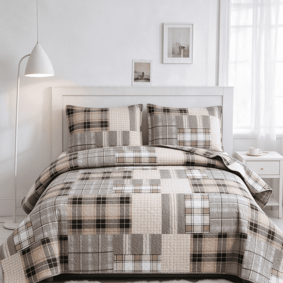Smuge 3 Piece Full/Queen Size Reversible Check Plaid Patchwork Quilt Set, Lightweight Soft Microfiber Coverlet Bedspread,Grey Beige