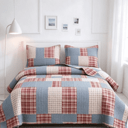 Smuge 3 Piece Full/Queen Size Reversible Check Plaid Patchwork Quilt Set, Lightweight Soft Microfiber Coverlet Bedspread,Rust Teal Tartan