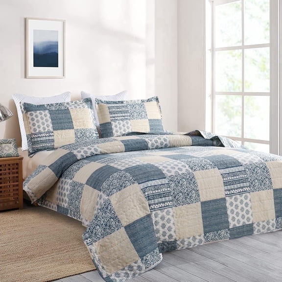 3 Piece Quilt Set Queen/Full Size Bedspread Coverlet Mens Plaid Patchwork Bedding Reversible Quilt Queen Microfibers Bedspread Coverlet Lightweight Bedding for All Season Blue Yellow