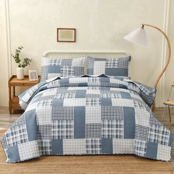 Smuge 3 Piece Reversible Quilt Set, Full/Queen Size Soft Microfiber Lightweight Coverlet Bedspread, Modern Plaid Patchwork Bedding, All Season Summer Use