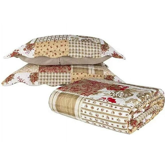 3-Piece Quilt Set, Soft Bedspread - Floral Patchwork Coverlet Double-Sided Stitching (Queen)