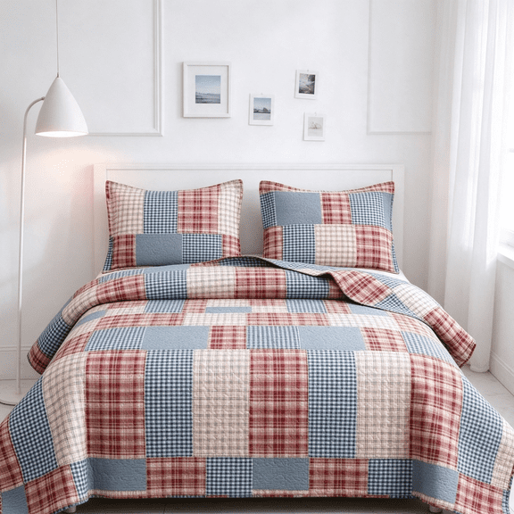 Smuge 3 Piece Twin Size Reversible Check Plaid Patchwork Quilt Set, Lightweight Soft Microfiber Coverlet Bedspread,Rust Teal Tartan