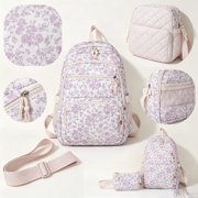 3-Piece Quilted Backpack Set for Women, Kawaii Preppy Style Rucksack, Cute Matching Daypack Combo with Lunch Bag and Pencil Pouch