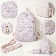 3-Piece Quilted Backpack Set for Women, Kawaii Preppy Style Rucksack, Cute Matching Daypack Combo with Lunch Bag and Pencil Pouch