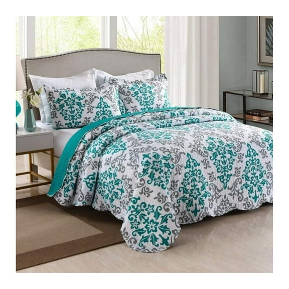 3 Piece Quilted Bedspread, Printed Quilt, Quilt Set Bedding Throw Blanket Coverlet Oversize Lightweight Bedspread Ensemble, Turquoise, Queen Size, Katrina Blue
