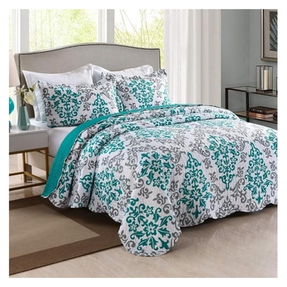 3 Piece Quilted Bedspread, Printed Quilt, Quilt Set Bedding Throw Blanket Coverlet Oversize Lightweight Bedspread Ensemble, Turquoise, Queen Size, Katrina Blue