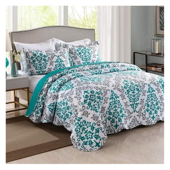 3 Piece Quilted Bedspread, Printed Quilt, Quilt Set Bedding Throw Blanket Coverlet Oversize Lightweight Bedspread Ensemble, Turquoise, Queen Size, Katrina Blue