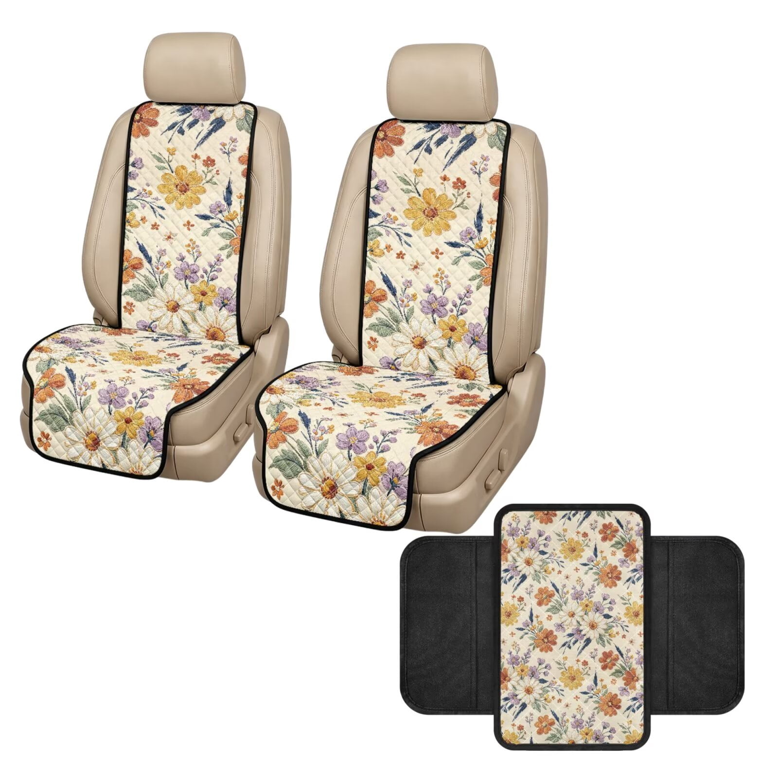 3 Piece Quilted Car Front Seat Covers & Console Cushion Set, Non-Slip ...
