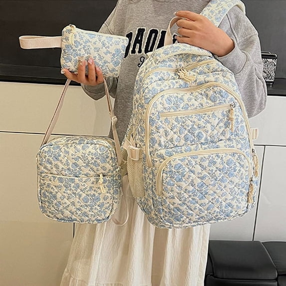 3-Piece Quilted Floral Backpack Set, Blue Nylon Travel Bag with Crossbody & Pouch, Lightweight Waterproof Daypack, Large Capacity Multi-Functional Storage
