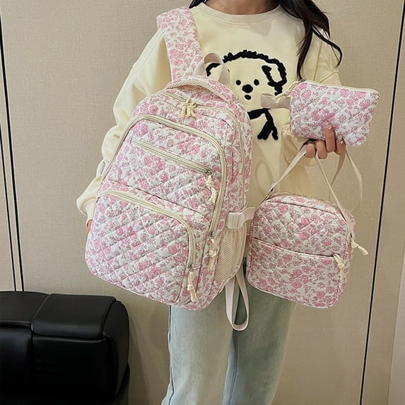 3-Piece Quilted Floral Print Backpack Large Capacity Waterproof Travel School Bag Sweet Flower Pattern College Style Daypack Quilted Bookbag Pink