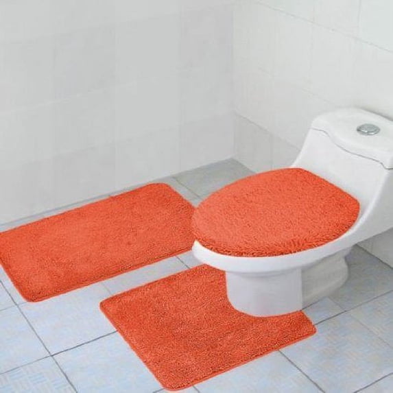 3-Piece Quinn Solid Bathroom Rug Set Bath Mat Contour & Toilet Lid Cover - Orange