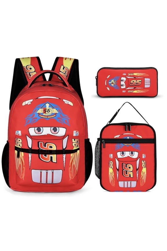 3-Piece Racing Car Backpack Set with Insulated Lunch Bag & Pencil Case - Vibrant Red 95 Speed Design, Breathable Straps - Perfect for Daily Travel, Hobbies & Young Explorers
