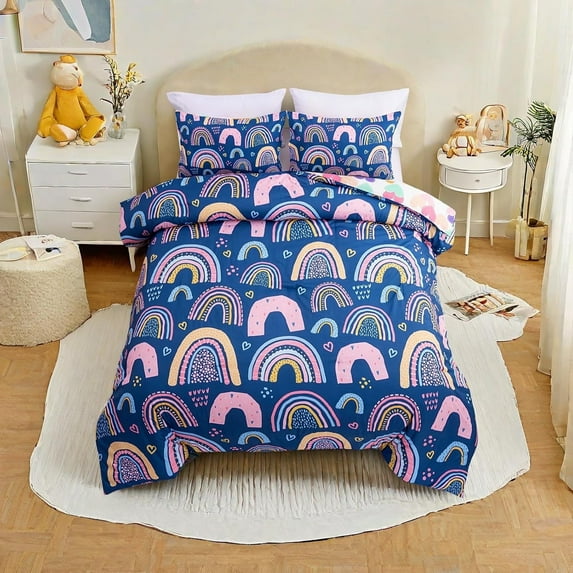 3 Piece Rainbow Comforter Set Cartoon Love Hearts Suns and Stars Bedding Set for Girls Boys Kids, Twin Dark Blue