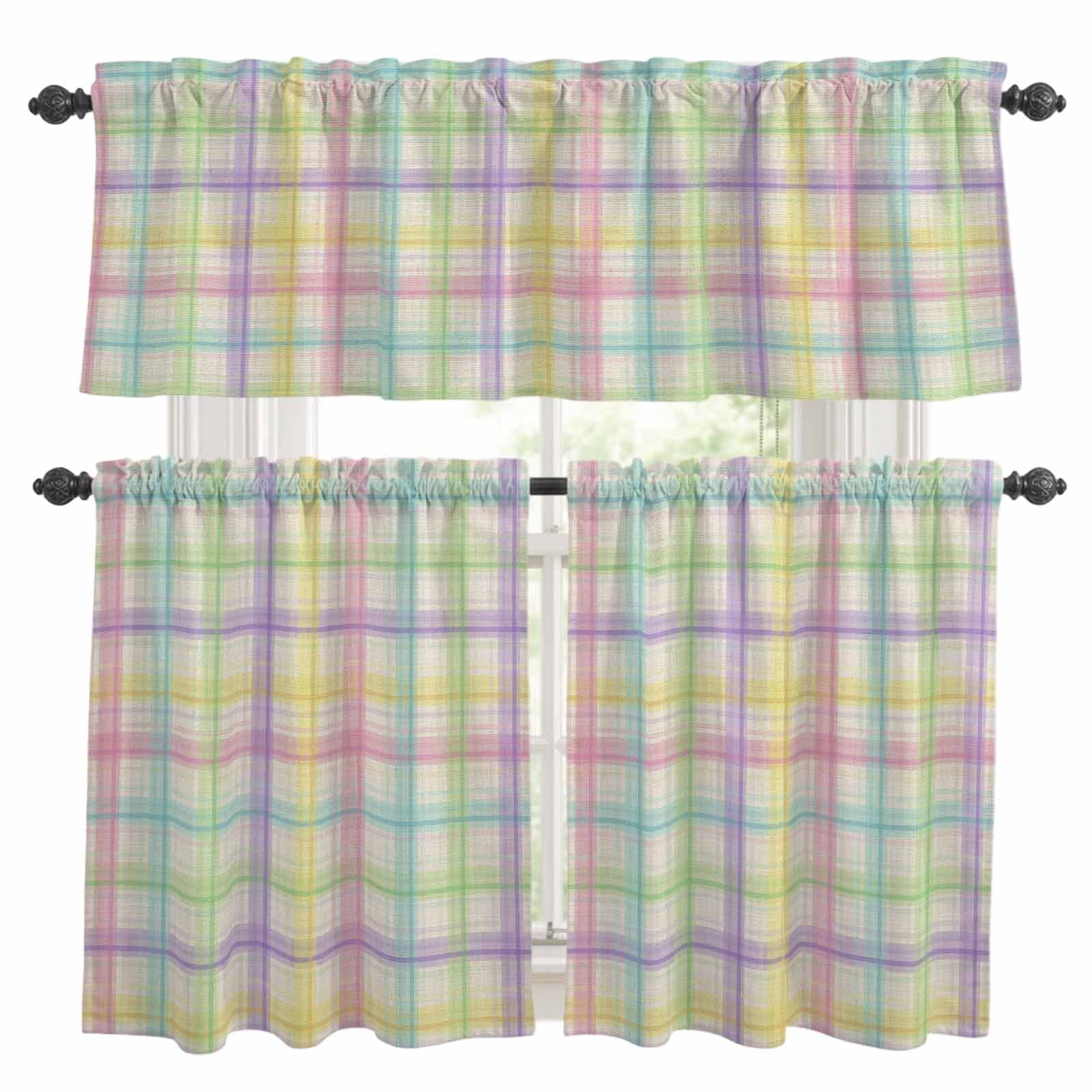 3 Piece Rainbow Plaid Kitchen Curtain Valance and Tiers Set Yellow Pink Blue Green Purple Plaid Linen Texture Rod Pocket Tier Curtain 36 Inch Small Window Drapes for Living Room Bedroom Cafe Decor