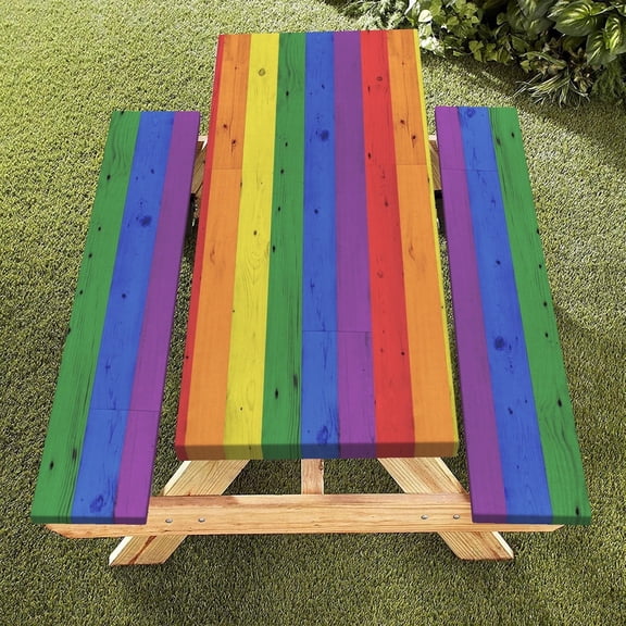 3-Piece Rainbow Stripe Table Cover with Bench Covers, Farmhouse Elastic Edge Waterproof Camping Tablecloth 30"x72"