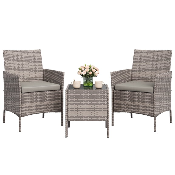 3-Piece Rattan Patio Bistro Set, All-Weather PE Rattan Furniture with 2 Chairs & Coffee Table, Soft Cushions, Weather-Resistant for Balcony, Backyard, Porch