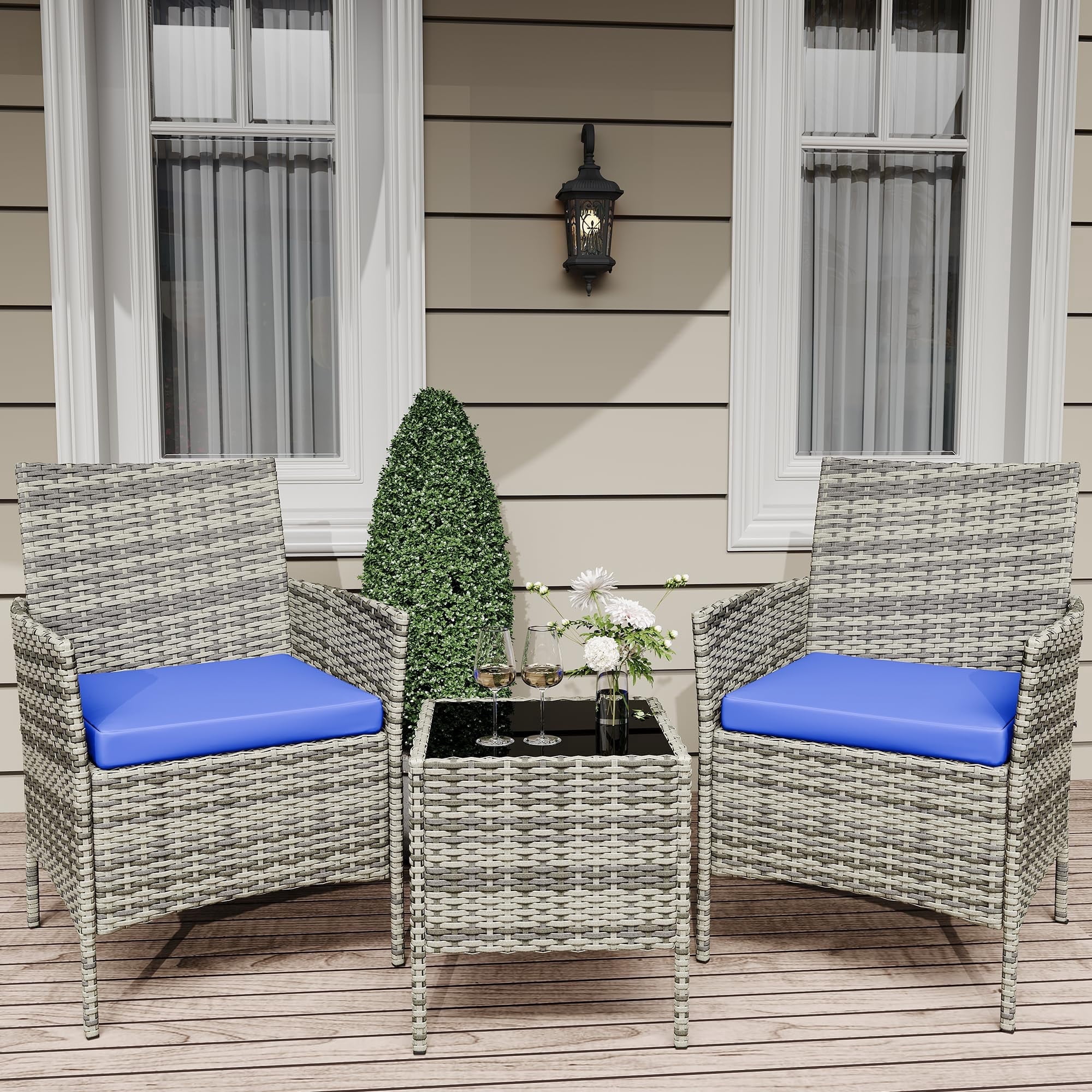 3-Piece Rattan Patio Bistro Set with Cushioned Chairs and Coffee Table ...