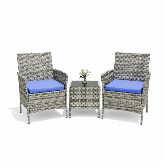 3-Piece Rattan Patio Bistro Set, All-Weather PE Rattan Furniture with 2 Chairs & Coffee Table, Soft Cushions, Weather-Resistant for Balcony, Backyard, Porch