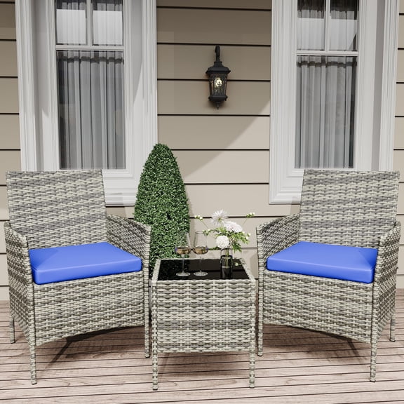 3-Piece Rattan Patio Bistro Set, All-Weather PE Rattan Furniture with 2 Chairs & Coffee Table, Soft Cushions, Weather-Resistant for Balcony, Backyard, Porch