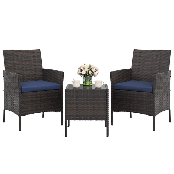 3-Piece Rattan Patio Bistro Set, All-Weather PE Rattan Furniture with 2 Chairs & Coffee Table, Soft Cushions, Weather-Resistant for Balcony, Backyard, Porch