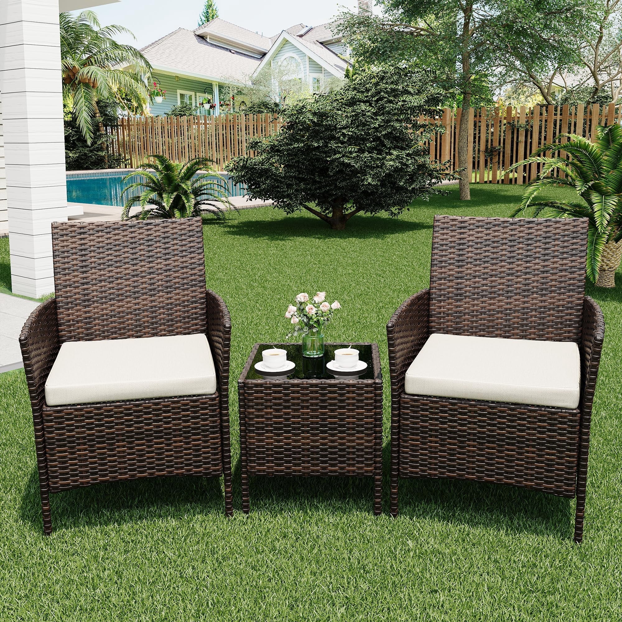 3-Piece Rattan Patio Bistro Set, All-Weather PE Rattan Furniture with 2 ...