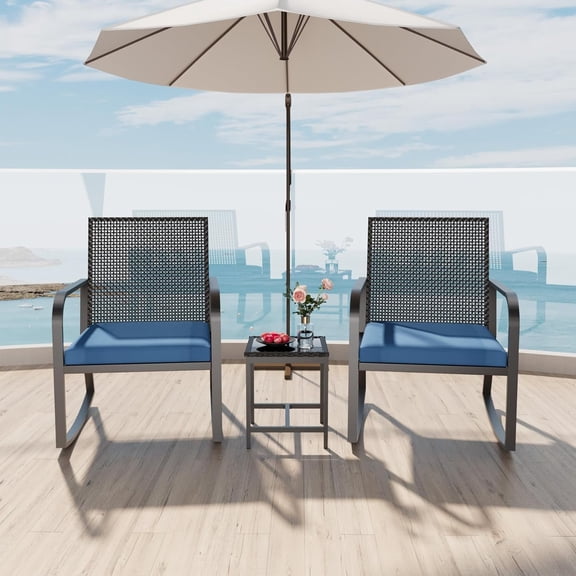 3 Piece Rattan Patio Bistro Set, Wicker Conversation Set with Coffee Table, for Porch Backyard Balcony Patio, Black Frame with Navy Blue Seat Cushion