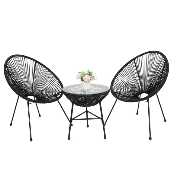 3 Piece Rattan Patio Conversation Set, Outdoor Wicker Bistro Set with Glass Side Table and Acapulco Chairs, Outdoor Furniture Seating Set for Garden Backyard Balcony Porch Poolside, Black