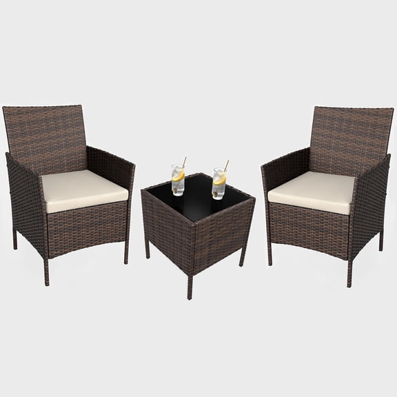 3 Piece Rattan Patio Furniture Set, All-Weather PE Wicker Conversation Bistro Set with 2 Chairs, Coffee Table and Waterproof Cushions, Steel Frame Outdoor Seating for Garden Backyard Porch Balcony