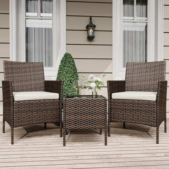 3-Piece Rattan Patio Furniture Set - Outdoor Conversation Set with 2 Upholstered Chairs & Coffee Table for Garden, Backyard & Porch, Brown and Beige