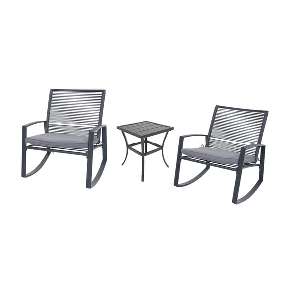 Outdoor Patio Bistro Metal Rocking Conversation Set with Table, Weatherproof Rope & Steel, Removable Cushion Covers, Anti-Tip Rocking Chairs for Balcony Porch