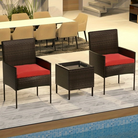 3-Piece Rattan Patio Set With 2 Armchairs, Soft Waterproof Cushions & Tempered Glass Coffee Table For Backyard, Balcony, Garden Outdoor Furniture