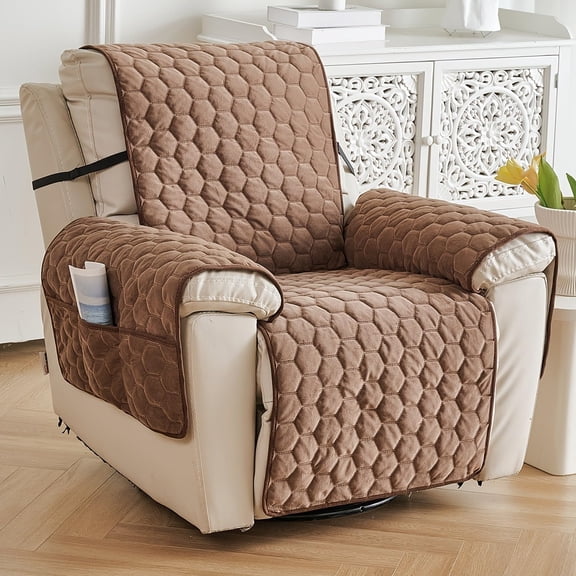 3-Piece Recliner Cushion Cover Set, Non-Slip Recliner Slipcover with Fastening Straps & Side Storage Pocket, Pet Friendly Washable Furniture Protector for Single Recliner Armchair