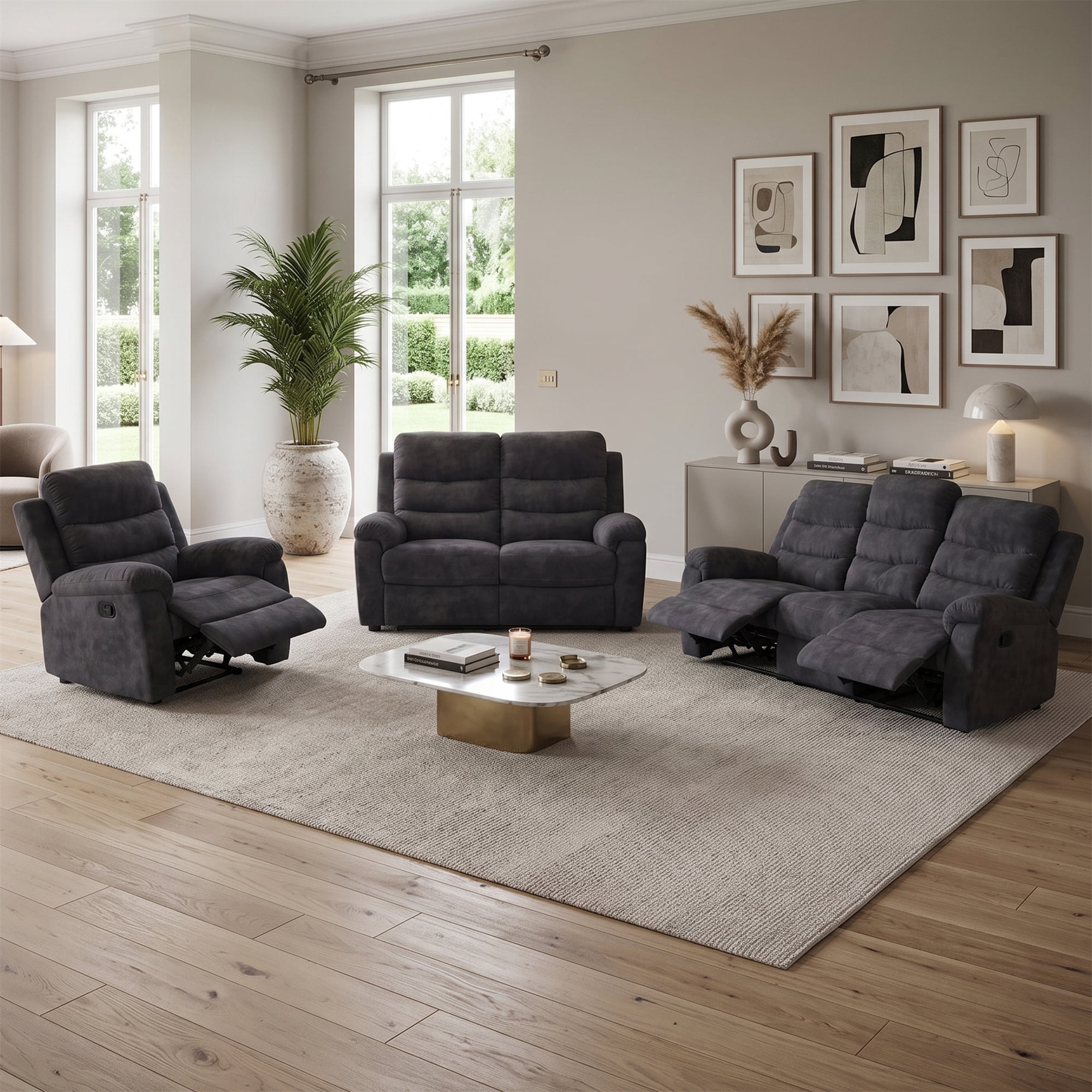 3-Piece Reclining Living Room Set - Sofa, Loveseat & Chair, Gray
