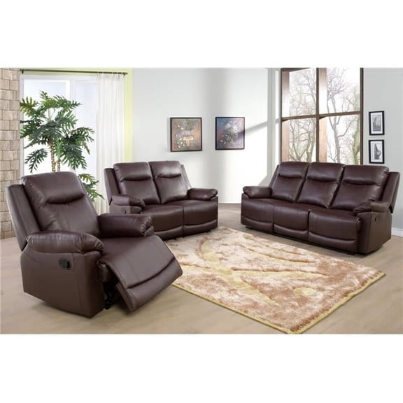 3 Piece Reclining Living Room or Office Sofa Set, Bonded Leather - Brown
