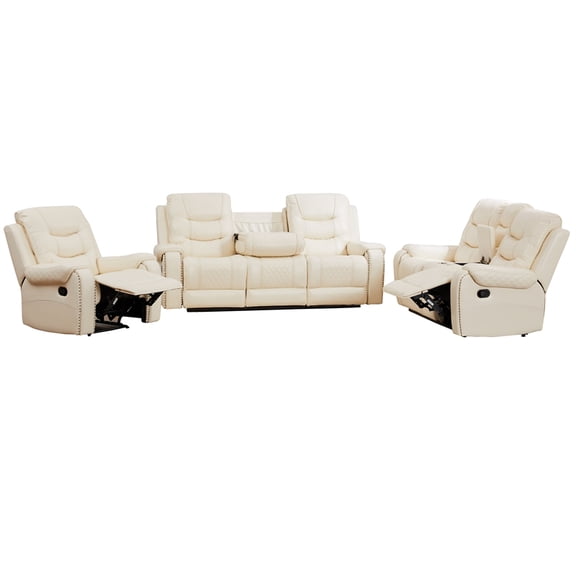 3-Piece Faux Leather Reclining Sofa Set with Drop Down Table USB Charging Beige