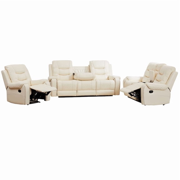 3-Piece Faux Leather Reclining Sofa Set with Drop Down Table USB Charging Beige